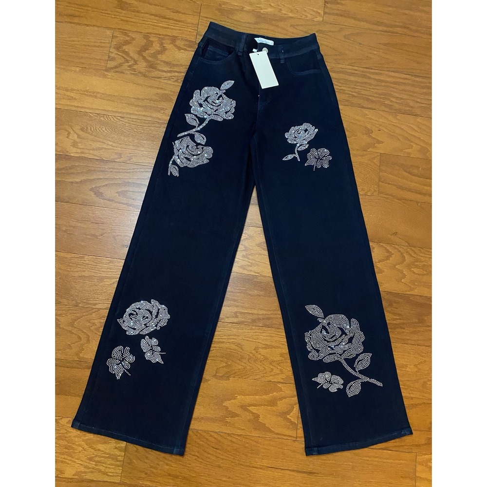 The Noli Shop Embellished Dangle Jeans Floral Stones Blue Denim Size 27 New! NWT